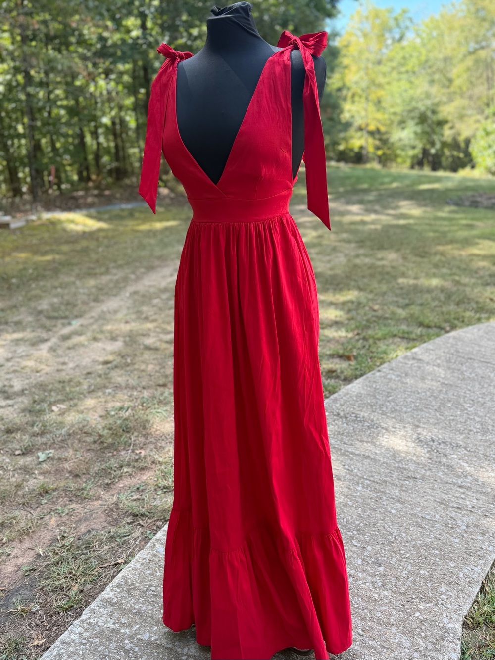 Red Tie-Shoulder V-Neck Maxi Dress